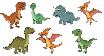 Collection of cartoon dinosaurs including tyrannosaurus rex triceratops and pterodactyls in various poses