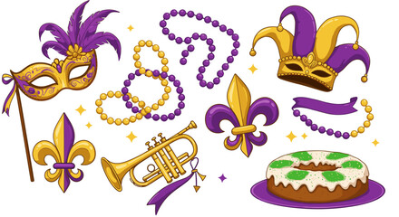 A festive mardi gras arrangement featuring masks, beads, a fleur de lis, trumpet and a king cake