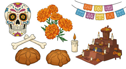 Illustration of day of the dead elements including sugar skull, marigolds, pan de muerto and altar scene