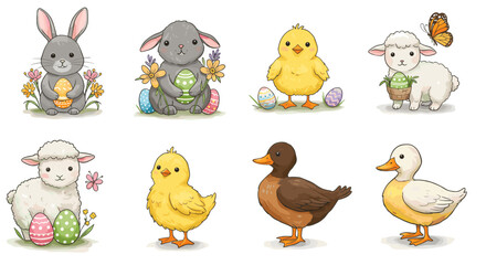 Illustration of easter animals including bunnies chicks lambs and ducks with easter eggs and flowers