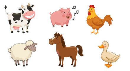 Illustration of a collection of farm animals including a cow pig chicken sheep horse and duck on white background