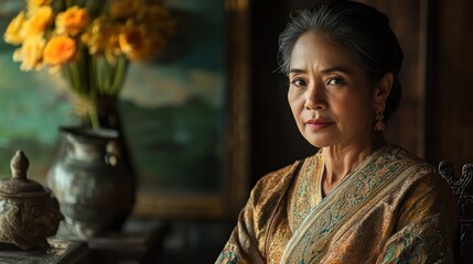 Fototapeta premium Elderly woman in traditional Thai silk robe, antique home, flowers and paintings