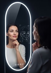 Futuristic Look at AI and Beauty Standards. Woman and her reflection in smart mirror. AI and facial recognition to analyze and "perfect" features, exploring themes of technology,  identity