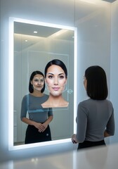 Futuristic Look at AI and Beauty Standards. Woman and her reflection in smart mirror. AI and facial recognition to analyze and "perfect" features, exploring themes of technology,  identity