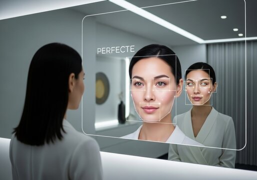 Futuristic Look at AI and Beauty Standards. Woman and her reflection in smart mirror. AI and facial recognition to analyze and "perfect" features, exploring themes of technology,  identity - Powered by Adobe