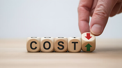 Hand flips dice showing cost rising or falling, illustrating financial changes.