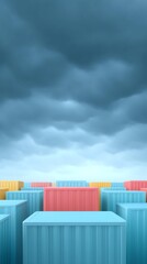 Global logistics challenge concept, Colorful shipping containers under stormy clouds in a port.