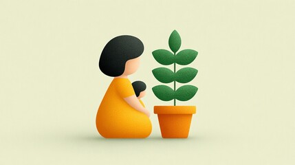 Illustration of a woman caring for a potted plant at home.