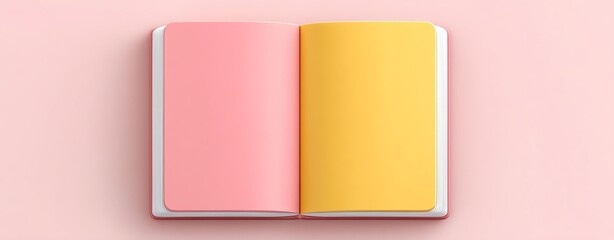 Open book with colorful pages on a pink background.
