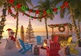 Festive Christmas dinner on beach. Palm trees are adorned with lights, flamingos, starfish ornaments. Driftwood tree and candles create a magical, warm holiday ambiance by ocean