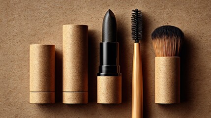 Minimal flat lay of refillable eco makeup packaging sustainable compact cases reusable lipstick containers brushes natural texture background
