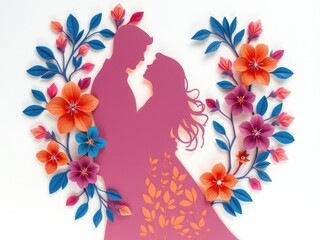 Paper Cut Couple in Romantic Floral Embrace