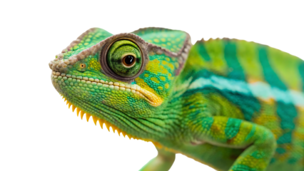 chameleon green lizard animal isolated on white background veiled reptile with colorful skin and camouflage closeup of eye and tail exotic tropical wildlife side view of yemen chameleon in nature