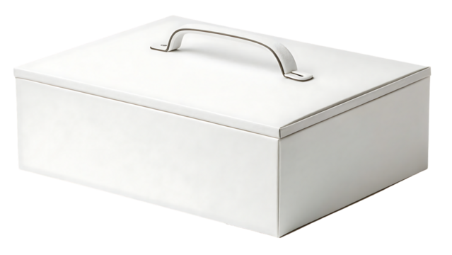 closed white cardboard box with lid and handle opening on white background isolated on white background