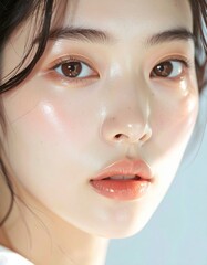 日本人, 超リアル, 美しい, 若い女性, 顔, クローズアップ, 欠点のない肌, 輝く肌質, ナチュラルメイク, 柔らかなライティング, 美容CM風, シネマティック, カメラ目線, 高解像度,Japanese, ultra-realistic, beautiful, young woman, face, close-up, flawless skin, glowing complexion