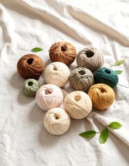 Assorted yarn balls on a light cloth background