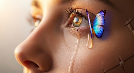 Magical butterfly emerges from woman's teardrop, surreal and beautiful metaphor for hope, healing, and transformation rising from sadness. Tear of Hope. The Butterfly's Kiss
