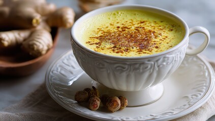 Healthy Turmeric Latte with Cardamom, Ginseng Berries, and Cinnamon &ndash; Bright Yellow Wellness Drink on White Saucer in Cozy Setting