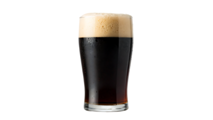 glass of dark beer sitting on bar with blurry background in pub isolated on white background