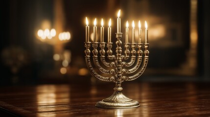 Realistic 7-Branch Gold Menorah – Lit Candles, Warm Glow & Polished Reflections on Wooden Table for Hanukkah