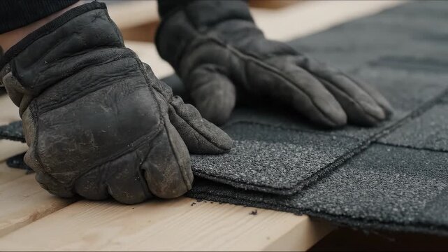 Roofer wearing protective gloves carefully laying down asphalt shingles for roof installation