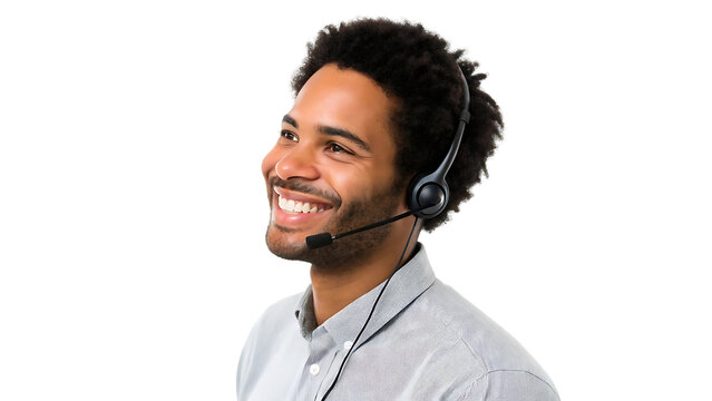 happy young male customer service operator with headset isolated professional call center agent smiling business support consultant portrait