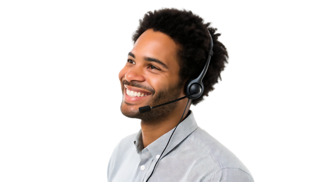 happy young male customer service operator with headset isolated professional call center agent smiling business support consultant portrait