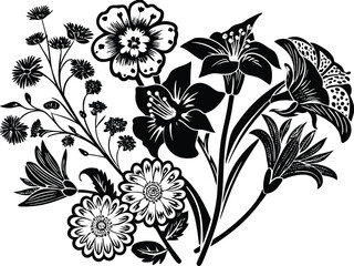 Elegant black and white floral arrangement with various flowers and leaves isolated on transparent background