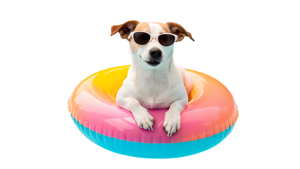 adorable dog in sunglasses relaxing on an inflatable ring by the pool during summer vacation isolated isolated on white background