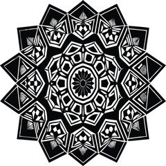 Intricate black and white geometric mandala pattern with repeating star shapes and floral center isolated on transparent background