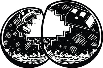Abstract surreal black and white illustration of a creature emerging from an egg with stairs and waves isolated on transparent background