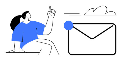 Woman with ponytail gestures near large envelope and moving cloud, symbolizing mail, notification, or online communication. Ideal for messaging, email, connection, productivity, teamwork outreach
