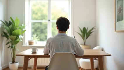 Fototapeta premium Person working at minimalist home office desk, back view