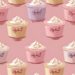 Pastel pots of creamy desserts with cute bows in a seamless pattern, sweet and adorable treats background.