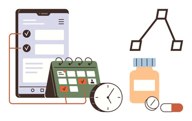 Mobile screen with checklist, calendar, clock, pill bottle, capsules, and molecule structure for organized health tracking. Ideal for healthcare, planning, self-care medical apps pharmacy
