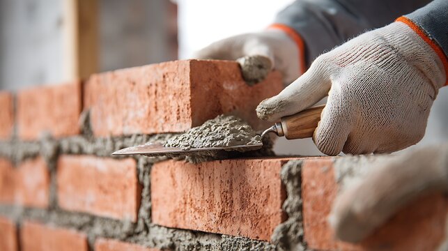 An ultra-realistic, low-angle shot of a bricklayer expertly laying a perfectly straight line of new, clean red bricks. 