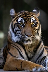 Poised Bengal tiger sits upright with piercing golden eyes, a vivid emblem of calm power, leadership and premium quality, ideal for branding or motivational visuals.