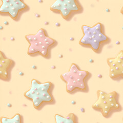 Star-shaped cookies in pastel colors with polka dots on a light beige background. Sweet treat pattern.