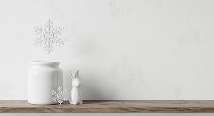 White ceramic bunny and jar on a wooden shelf rabbit