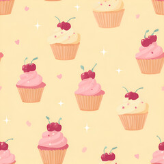 Cupcake Pattern: Whimsical sweet treats with cherries & stars, perfect for a fun, colorful design.