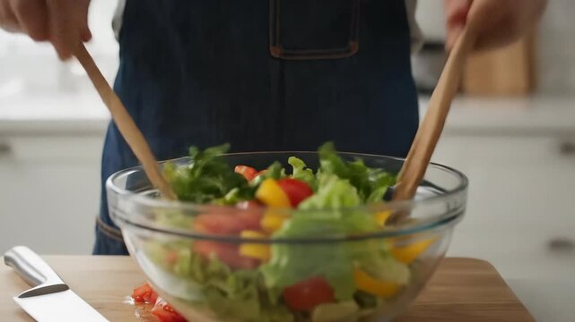 Young adult chopping tomatoes and tossing salad in a modern kitchen