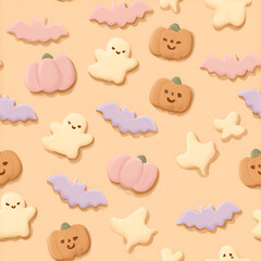Whimsical Halloween pattern featuring ghosts, bats, and pumpkins on an orange background.