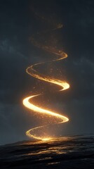 Brilliant golden spiral of sparkling light particles ascends from dark rugged ground under a cloudy sky