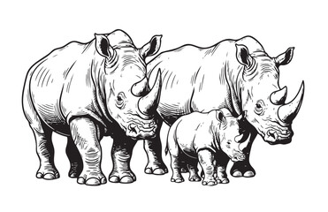 Fototapeta premium Powerful vector illustration of a rhinoceros family, perfect for wildlife and conservation themes.