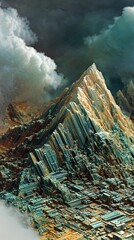 Digitally rendered abstract mountainscape featuring angular crystalline rock formations under a dramatic cloudy sky