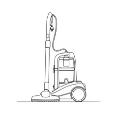 A black and white line art illustration of a modern canister vacuum cleaner on a white background.