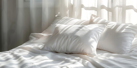 White bed with striped pillows and soft sunlight through sheer curtains
