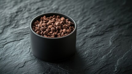 Dark chocolate chips in dark bowl on slate surface