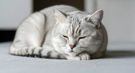 British shorthair cat curled up sleeping on a bed, embodying domestic tranquility and comfort