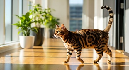 Bengal cat walking on a sunlit wooden floor in a modern home, representing domestic life and pet companionship